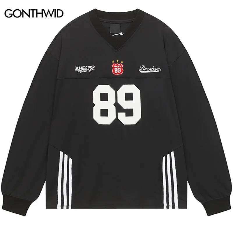 

Harajuku T-Shirt Streetwear Graphic Printed Sports Long Sleeve Shirts Men Hip Hop Casual Baggy V-Neck Top Tee Tshirt