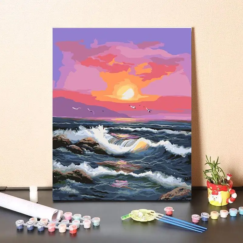 Large Size DIY Paint By Number Sunset Beach Series Decoration Digital Oil Painting No Frame