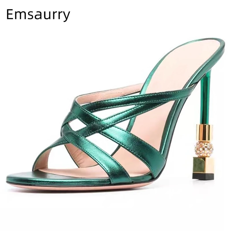 

Genuine Leather Fretwork Cross Band Sandals Women Rhinestone Beads Building Block Heel Slingbacks Summer Mules