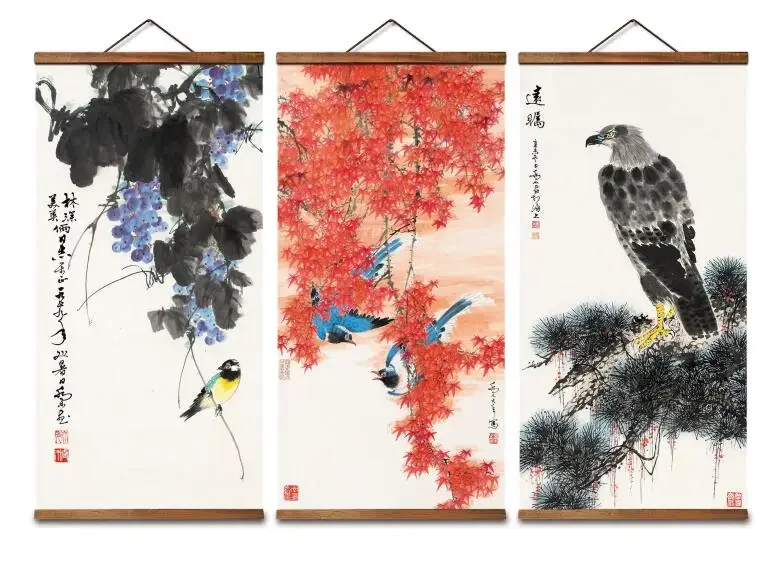 MT0325 Chinese Style Red Maple Twinkle grape bird landscape Decorative Wall Art Posters Solid Wood Scroll Paintings