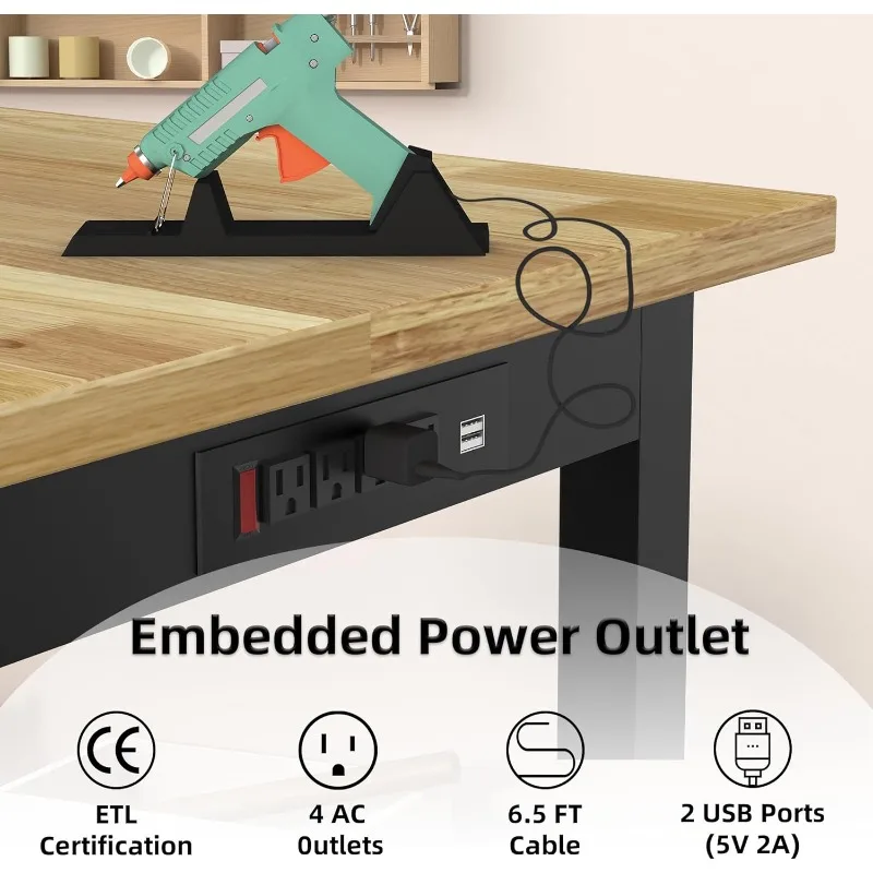 48" Solid Wood Work Bench, Adjustable Hight Workbench with Wheels, Heavy-Duty Worktable with Pegboard, Power Outlets, Workstatio