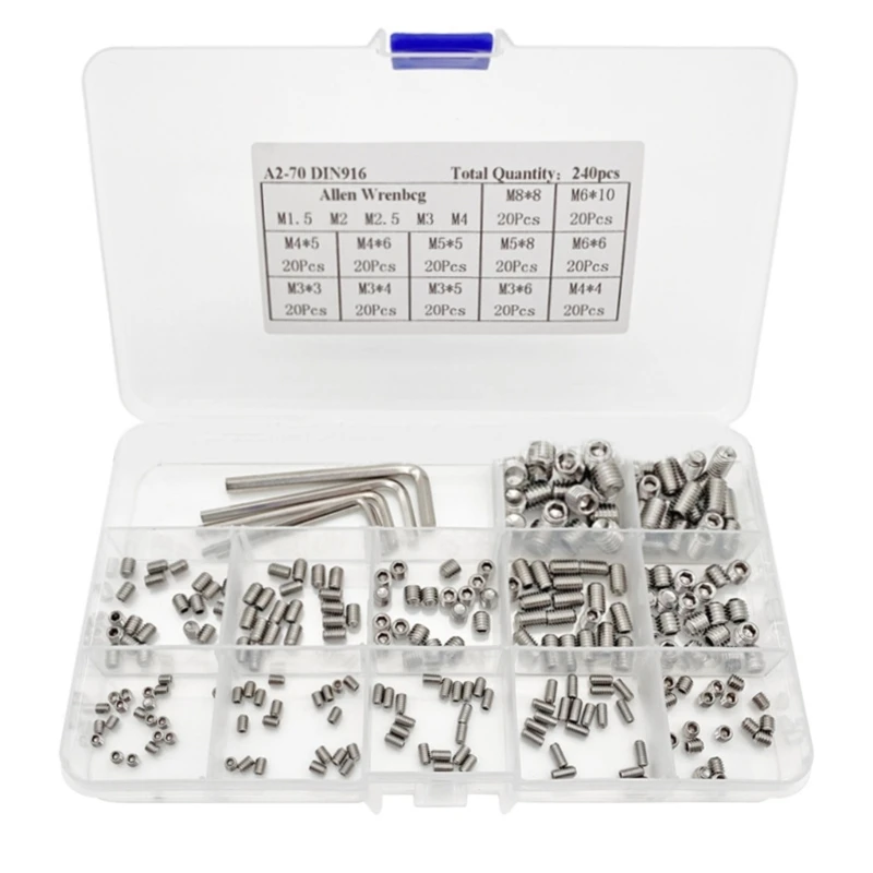 3/4/5/6/8 Hexs Socket Screws Reliable Stainless Steel Set Screws 240 Pcs Assortment for Plumbing & Electrical Repairs Dropship