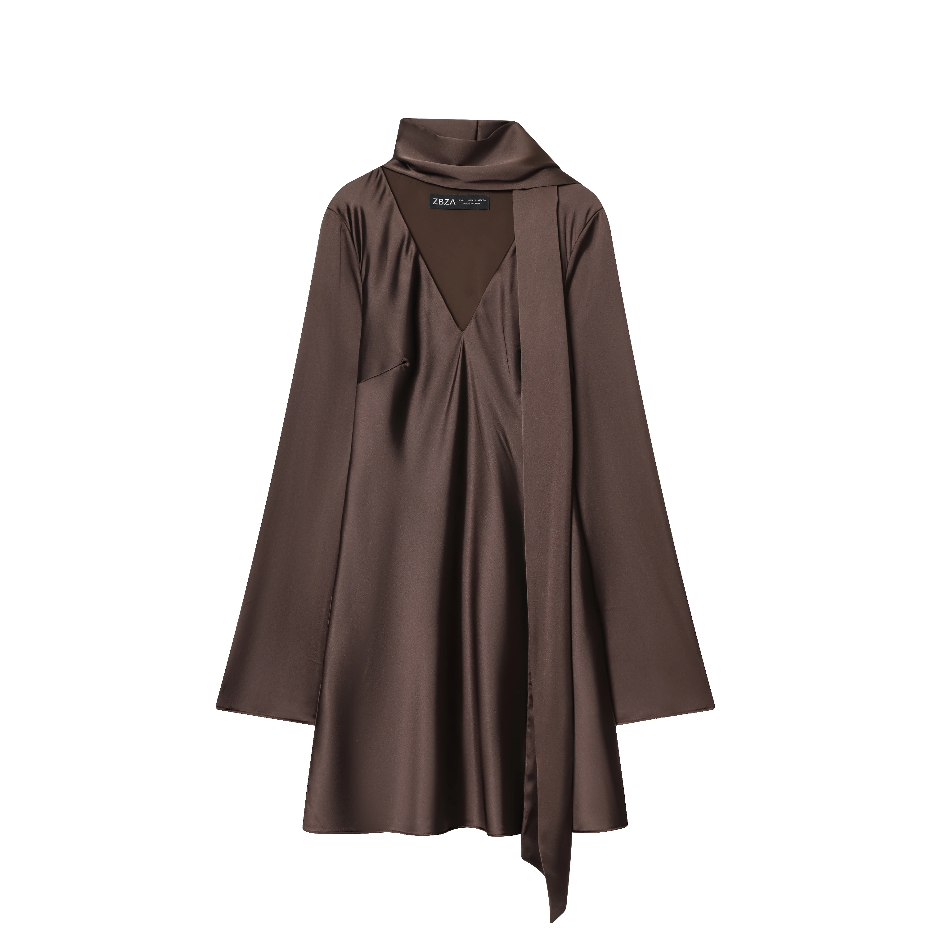 BSAY فستان ستان بني ملابس نسائية 2025 خريف جديد وشاح الديكور الفرنسية أنيقة الخامس الرقبة طويلة الأكمام ألف خط فساتين صغيرة #2