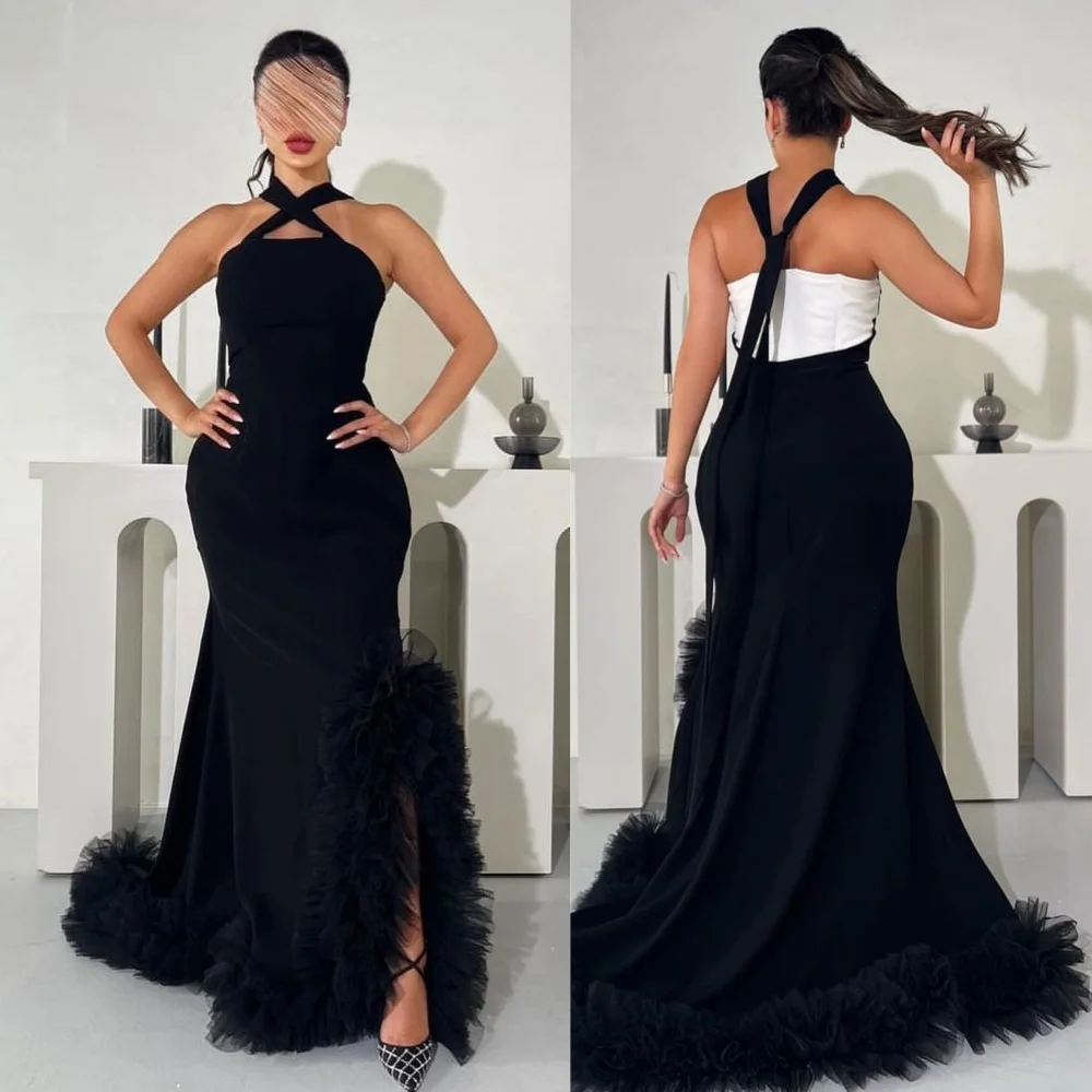 Customized Sparkle Exquisite Jersey Draped Pleat Ruched Formal Evening Mermaid Halter Bespoke Occasion Gown Long Dresses