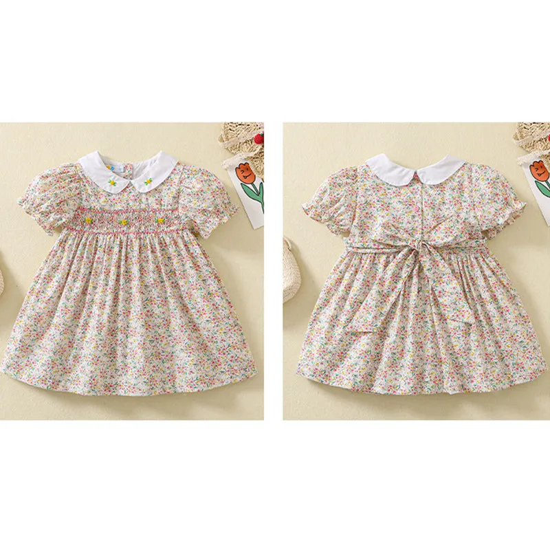 2024 New Little Girls Smock Short Sleeves Dress Children\'s Flower Smocking Dresses Embroidery Summer Baby Floral Frock Kids