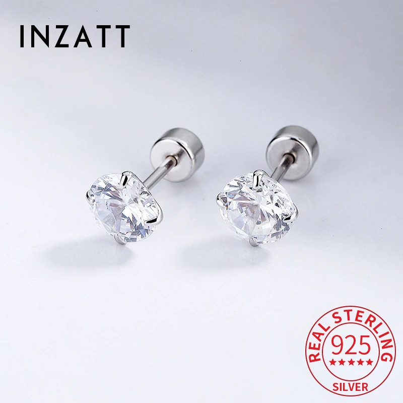 INZATT Real 925 Sterling Silver Sparkling Zircon 3/4/5/6/7/8MM Round Screw Bead Stud Earrings For Women Classic Fine Jewelry