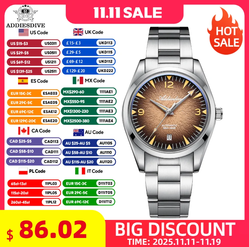 

ADDIESDIVE New Men's Automatic Watch Waterproof Bubble Glass Stainless Steel Super Luminous Wrist Watch Luxury Mechanical Watch