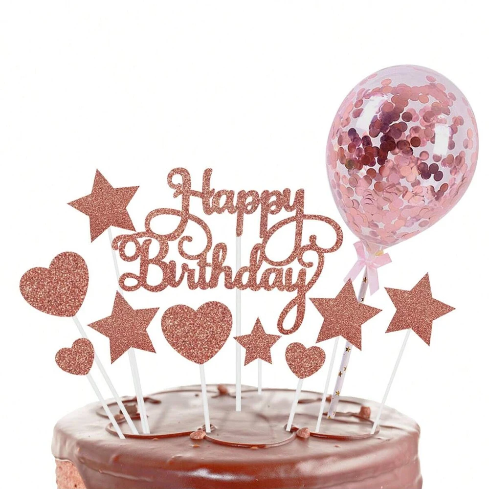 14Pcs/set Happy Birthday Cake Toppers DIY Balloon Cake Decor Star Heart Cupcake Flag for Birthday Party Dessert Decor Baking Sup