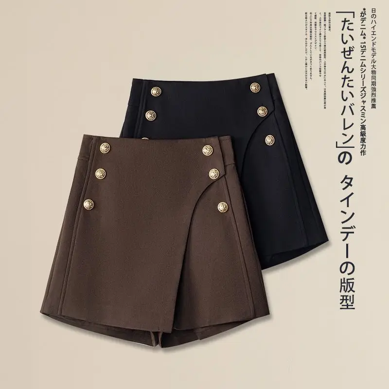 Women's Asymmetric Shorts Skirts, High Waist, Korean Style, Elegant Wide Leg Short Pants, Back Zipper, Solid Skort, Autumn, Wint