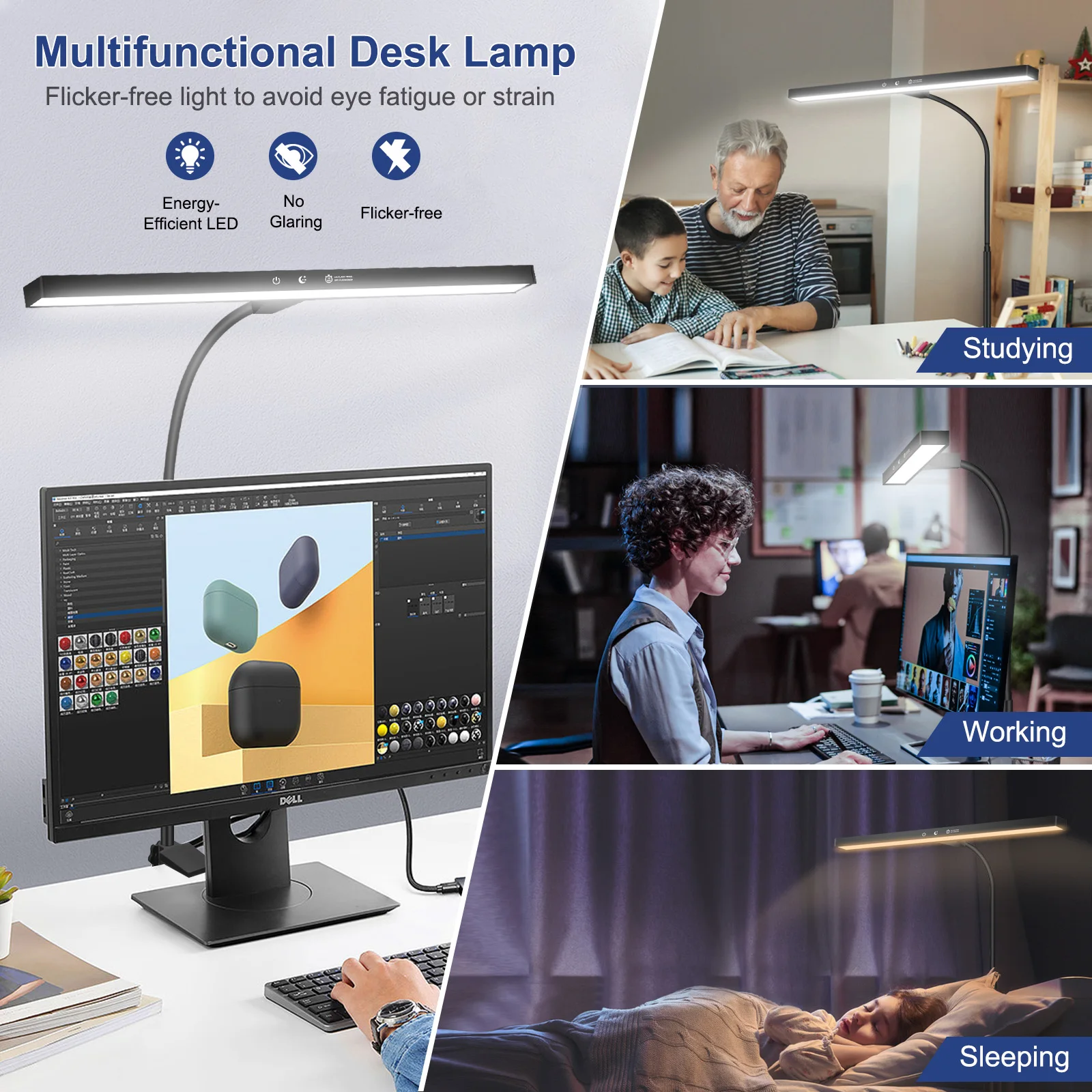 NEWACALOX-Lampe de bureau à commande tactile avec pince, col de cygne réglable à 360 °, 3 couleurs, lampe de table pour la maison, le bureau et l'étude, 12V, 24W, EU, US