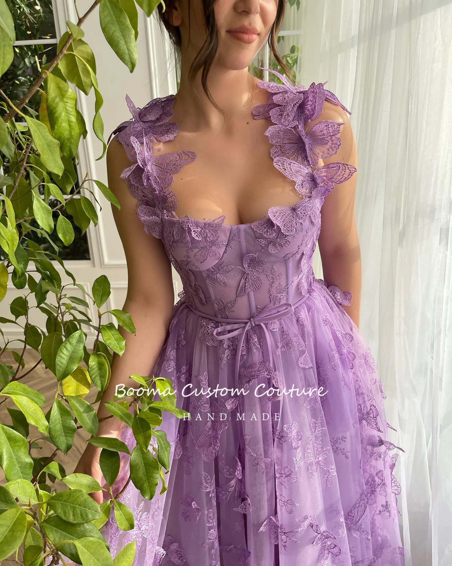 Booma Lavender Butterfly Lace Maxi Prom Dresses Strapless Sleeveless High Slit A-Line Wedding Party Dresses Formal Evening Gowns