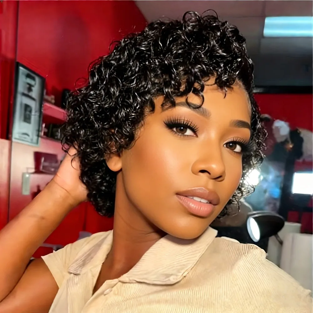 

13x4 lace bob human hair wig for women short curly wave human hair wig natural black color gift pixie cut wig