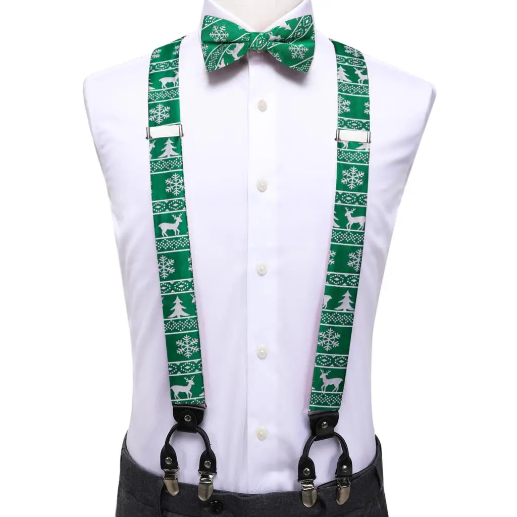 Green Christmas Tree Silk Suspender Bowtie para homens, Hanky Cufflink, clipe ajustável, chaves de Natal para homem, casamento, atacado