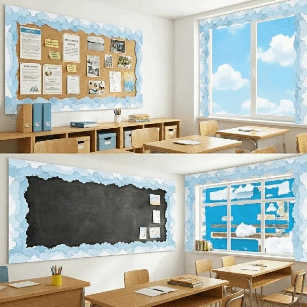 Copperplate Paper Black Board Border Cloud Pattern 4-Color Solid Self-Adhesive Border Removable 10 m Classroom Decor Trim Party