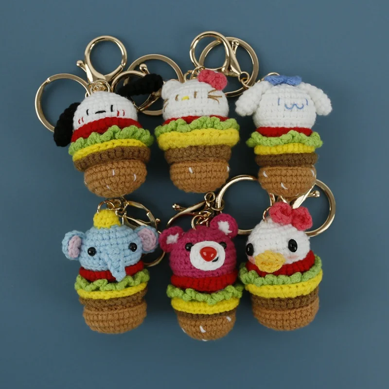 LLavero de muñecos de animales de hamburguesa tejido a mano, muñecos de ganchillo de animales de dibujos animados Kawaii, juguetes, adorno colgante, bolsa de habitación, regalos de decoración