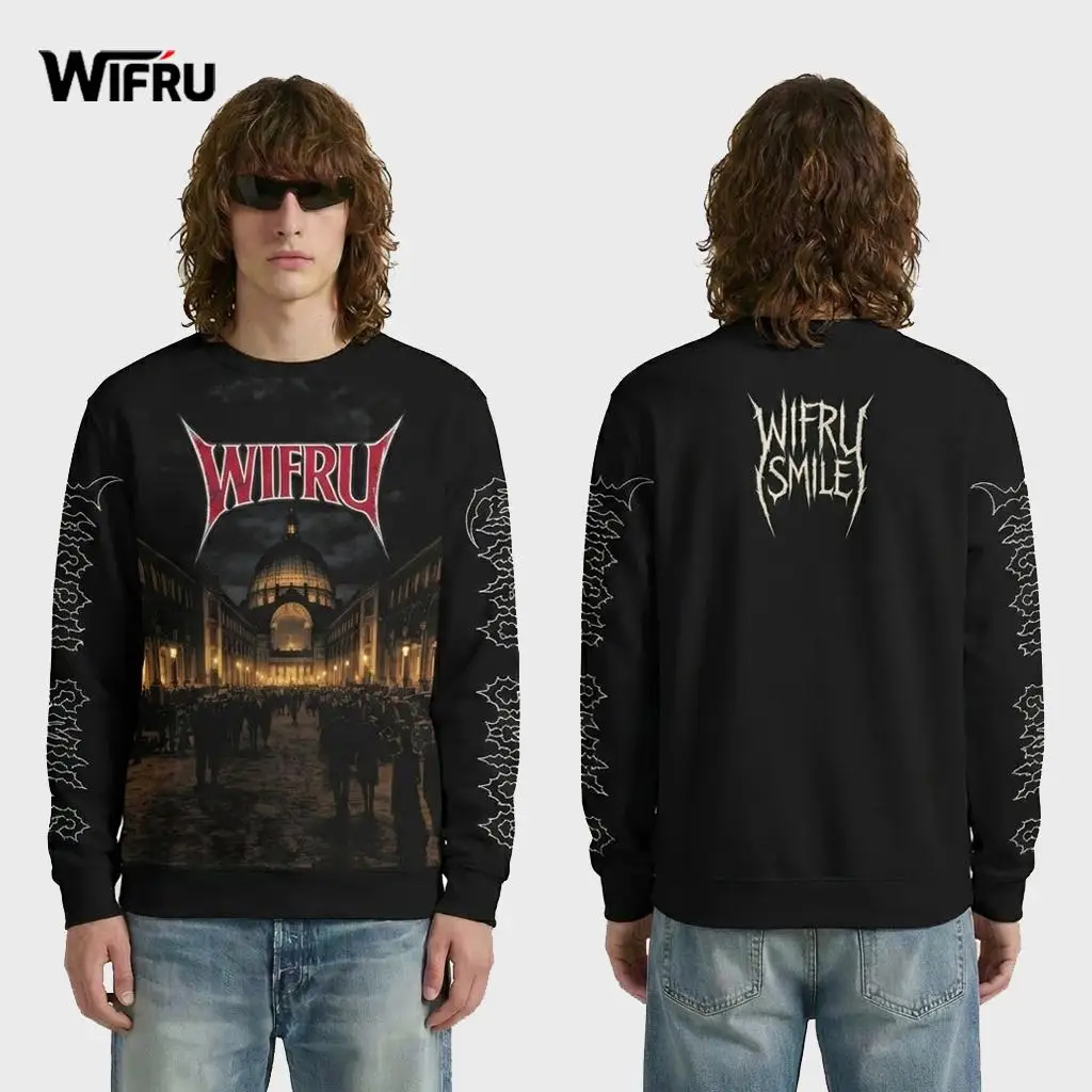 

Old World European Street Print Sweatshirt Heavy Metal Punk Style Crewneck Pullover WIFRU Vintage Gothic Unisex Long Sleeve Tops