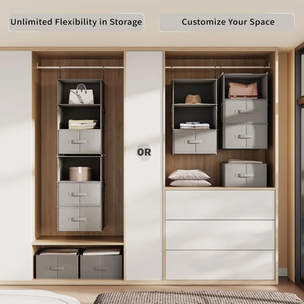 أرفف معلقة مكونة من 6 طبقات للخزانة، منظم خزانة معلق مكون من 3 أرفف مع 4 جيوب جانبية و3 أدراج، قابل للتدمج في النوم #4