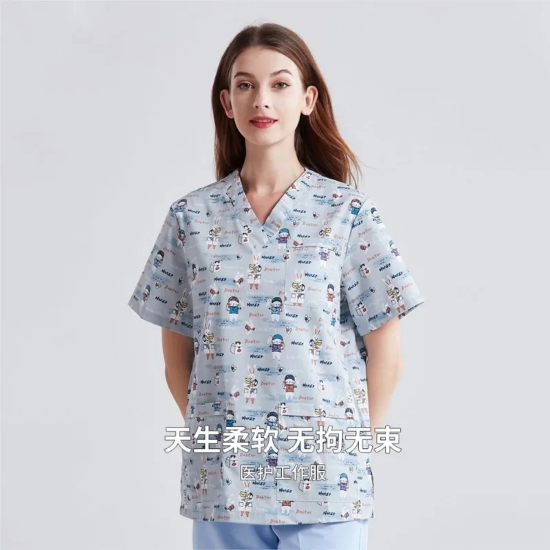 Printed Scrub Top doctor Quick drying workwear Oral pet hospital operating room nurse uniform medical T-shirt blouse overalls