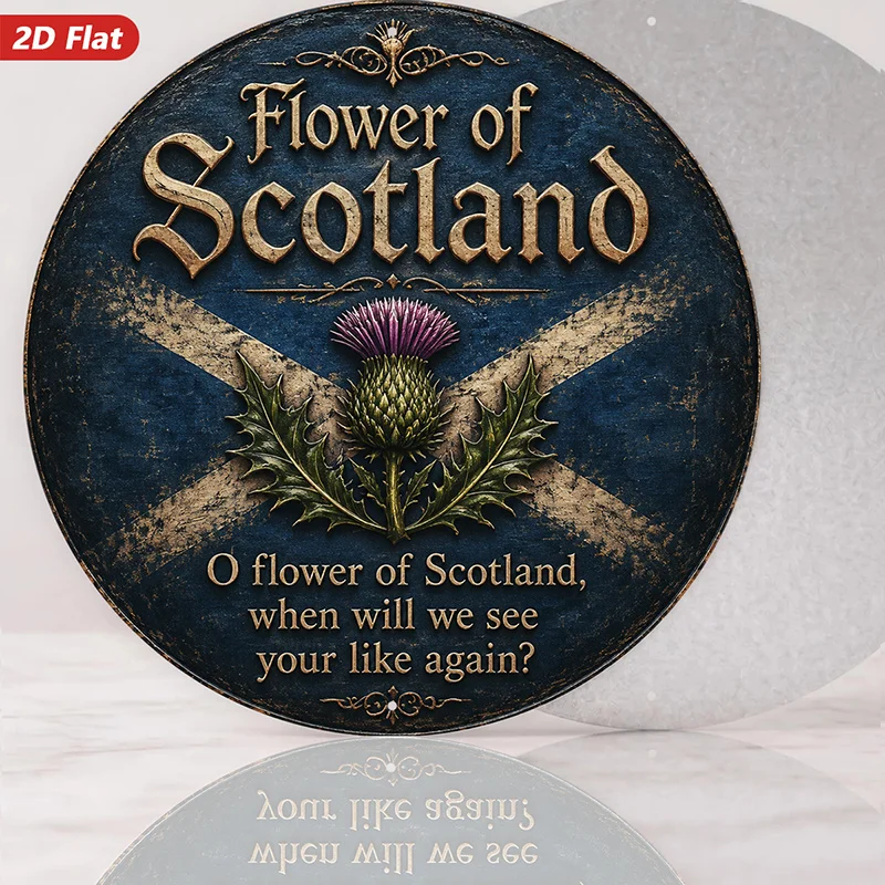 2D Flat, 1pc Scottish Thistle Tribute Round Metal Sign Wall Art, Flower of Scotland Text, Home Decor, Purple Thistle Bloom, Blue