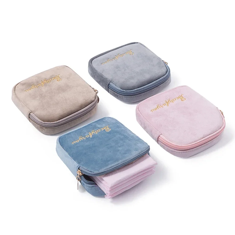 Velvet Portable Cosmetic Bag Travel Mini Coin Money ID Card Lipstick Storage Case Women Sanitary Napkin Tampon Packaging Pouch