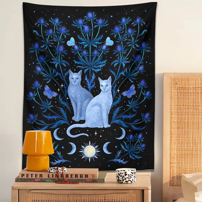 Blue Thistle Cat Tapestry Wall Hanging Psychedelic Moon Sun Moth Cat Leaf Flower Divination Occult Home Wall Black Cool Decor