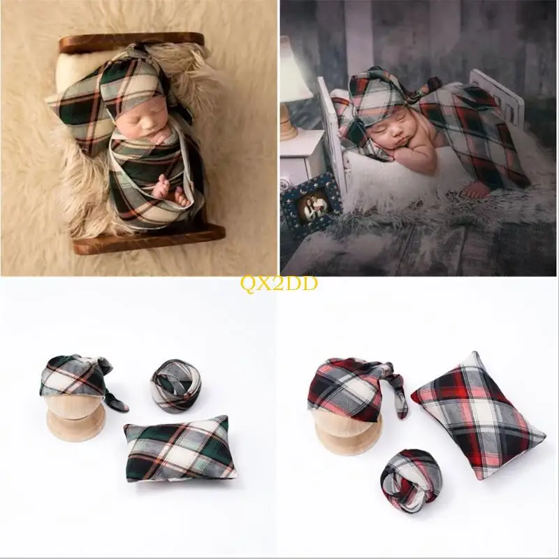 

QX2D Newborn Baby Photography Props Boy Girl Costume Outfits Plaid Wrap Hat & Pillow