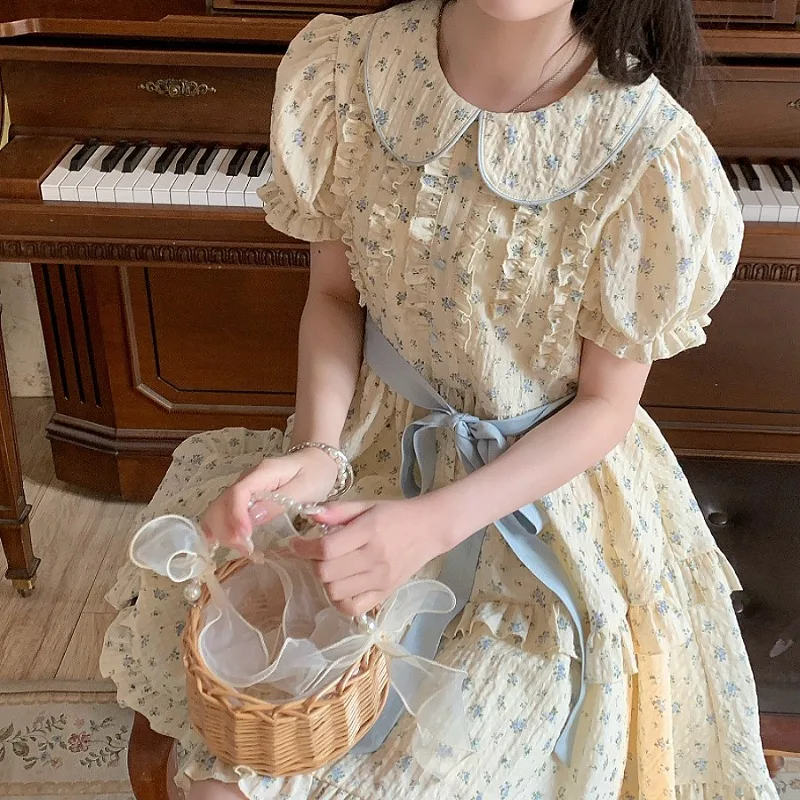 Sweet Dresses for Women Peter Pan Collar Summer Mini Printed Cute Girls Clothing Fashion Puff Sleeve Lace-up Ins College A-line