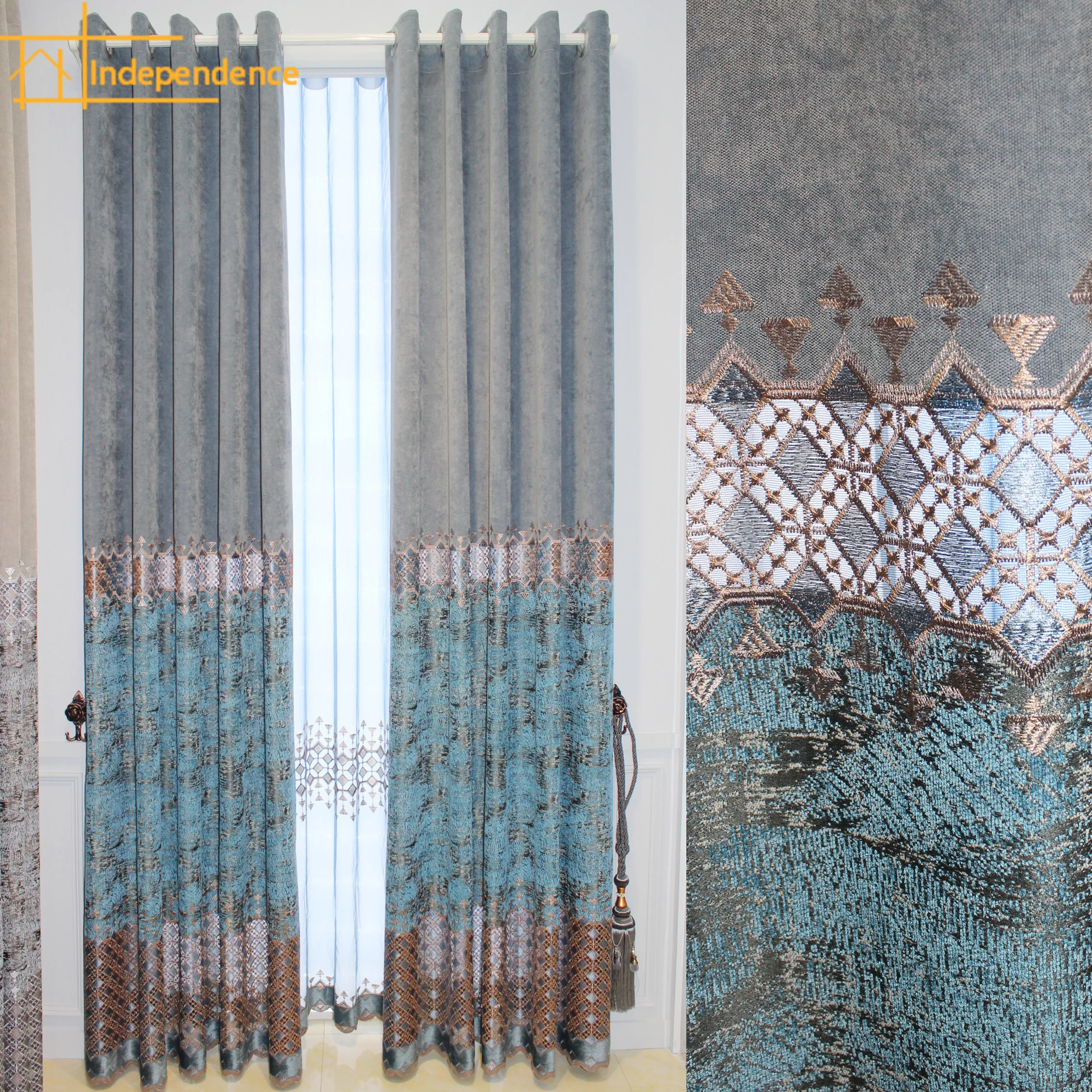 Mixed Color Chenille Embroidered Hollow Window Screen Splicing Curtains for Living Room Bedroom Finished Product Customization