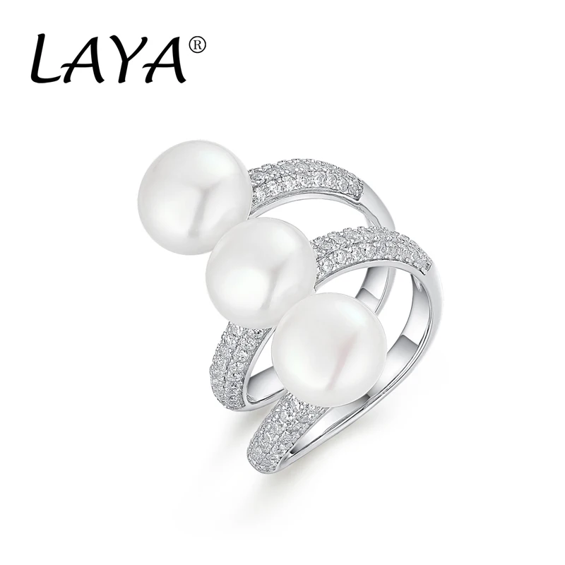 LAYA 925 sterling silver white bread bead fashionable zirconium ring suitable for women's weddings, birthdays, parties, speciall