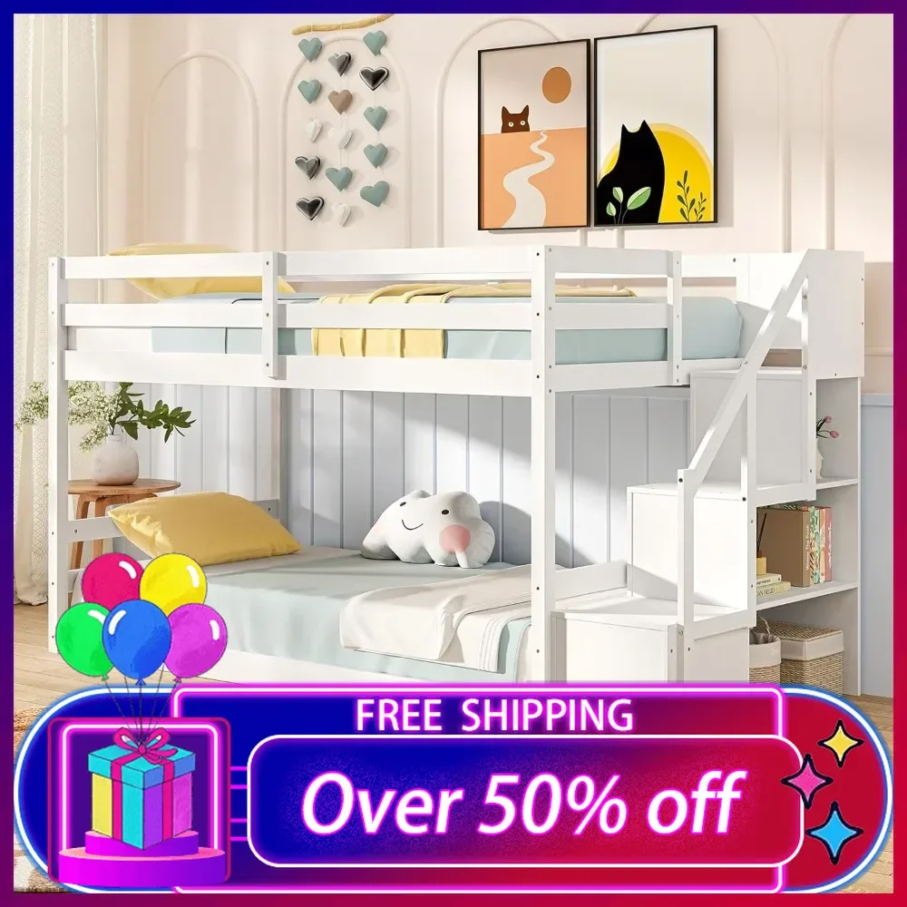 Twin Over Twin Bunk Bed with Stairs, Solid Wood Floor Bunk Bed with Storage Staircase & Full-Length Guardrails, Low Bunk Beds