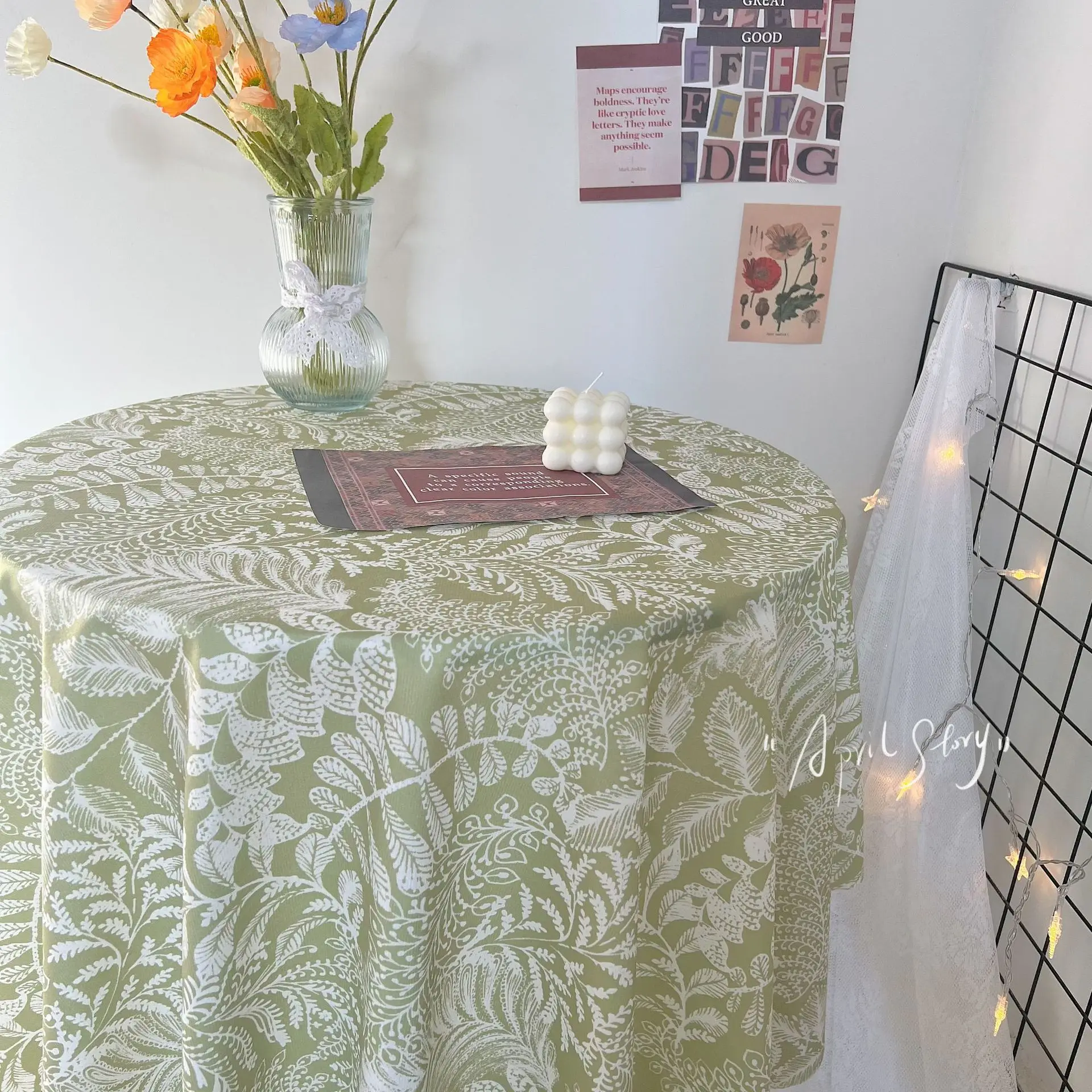 Waterproof Round Tablecloth Fresh Green Nature Tea Table Cloth Plant Luxury Deluxe Thick and Solid Table Cover Spring Home Use