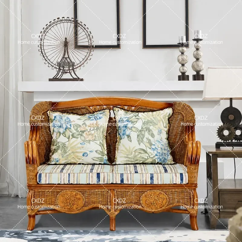 Natural Rattan Sofa Set 5 Piece Living Room Furniture Solid Wood Frame Bamboo Wicker Couch 3 Seater Armchair Combo for Small