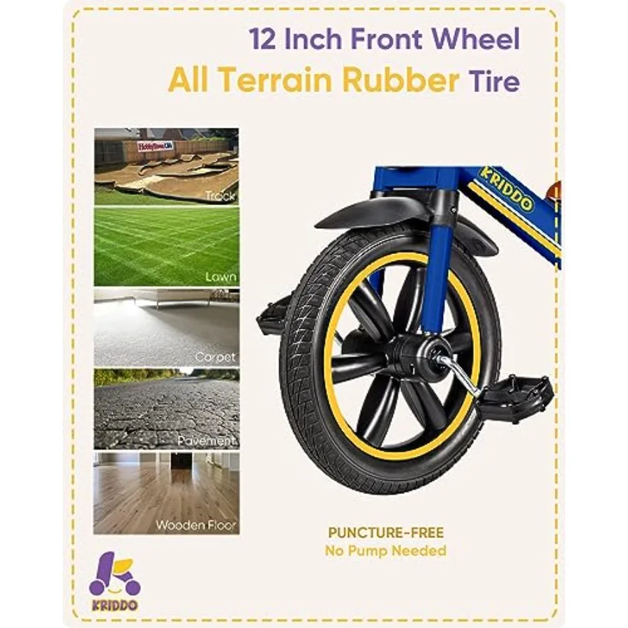 Tricycle à roue sans perforation de 12 pouces pour 2 à 5 ans avec éclairage avant et siège réglable bleu