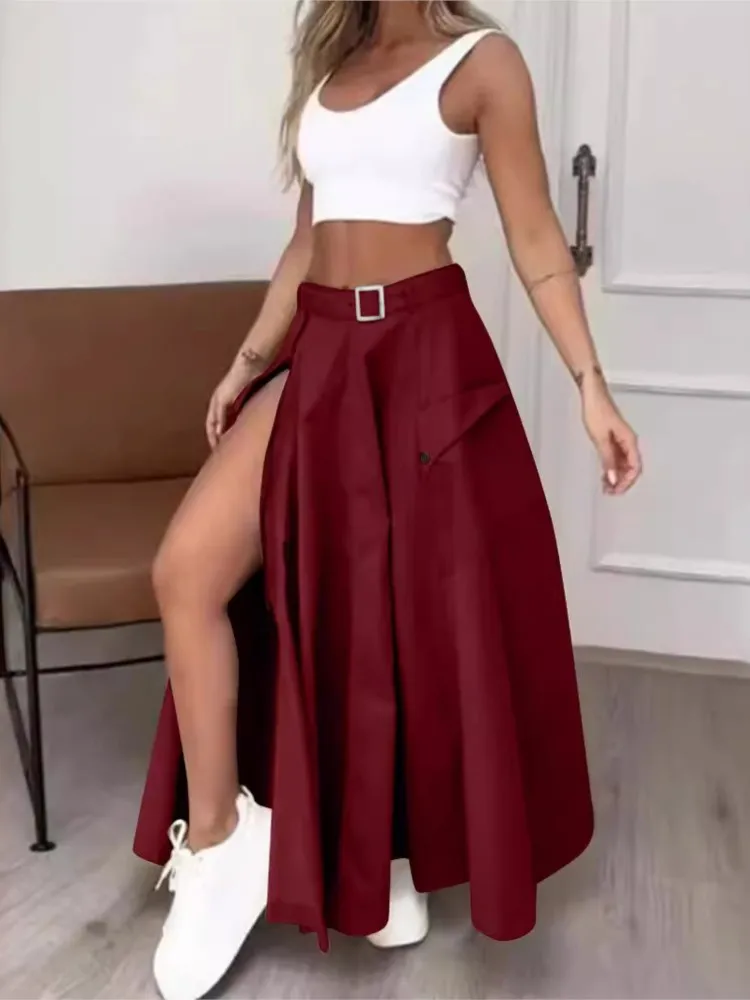 Women Fashion Solid Casual High Waist Skirt Set Summer White Tank Zipper Decoration With Belts Pockets High Slit Maxi Skirt Sets