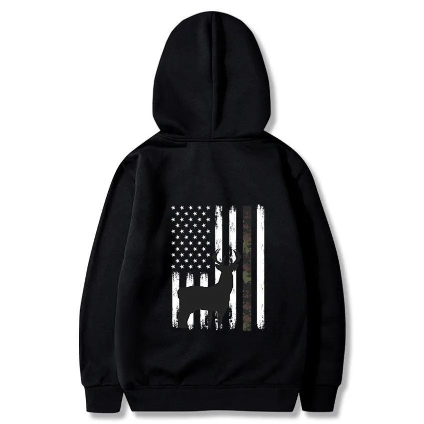 White Tailed Deer Hunting Hunter Gift Bucks Camouflage American Flag Pullover Men's Back Printed Fashionable Casual Hoodie