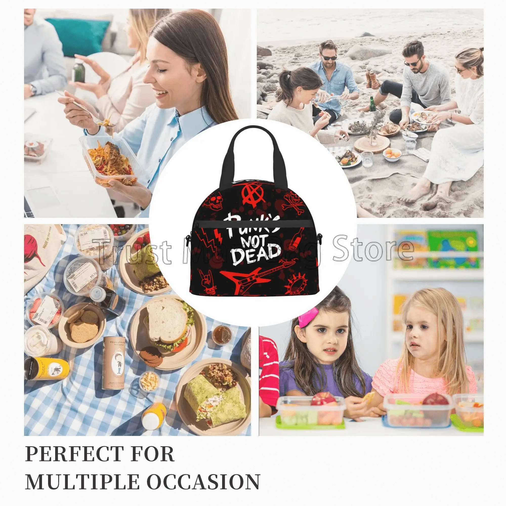 Punk Rock Set Skull Insulated Lunch Bag Punks Not Dead Words Red Black Reusable Waterproof Thermal Lunch Box with Shoulder Strap