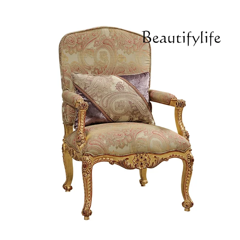 

European classical Roman pattern fabric sofa chair, solid wood carving flower gold foil old single leisure chair