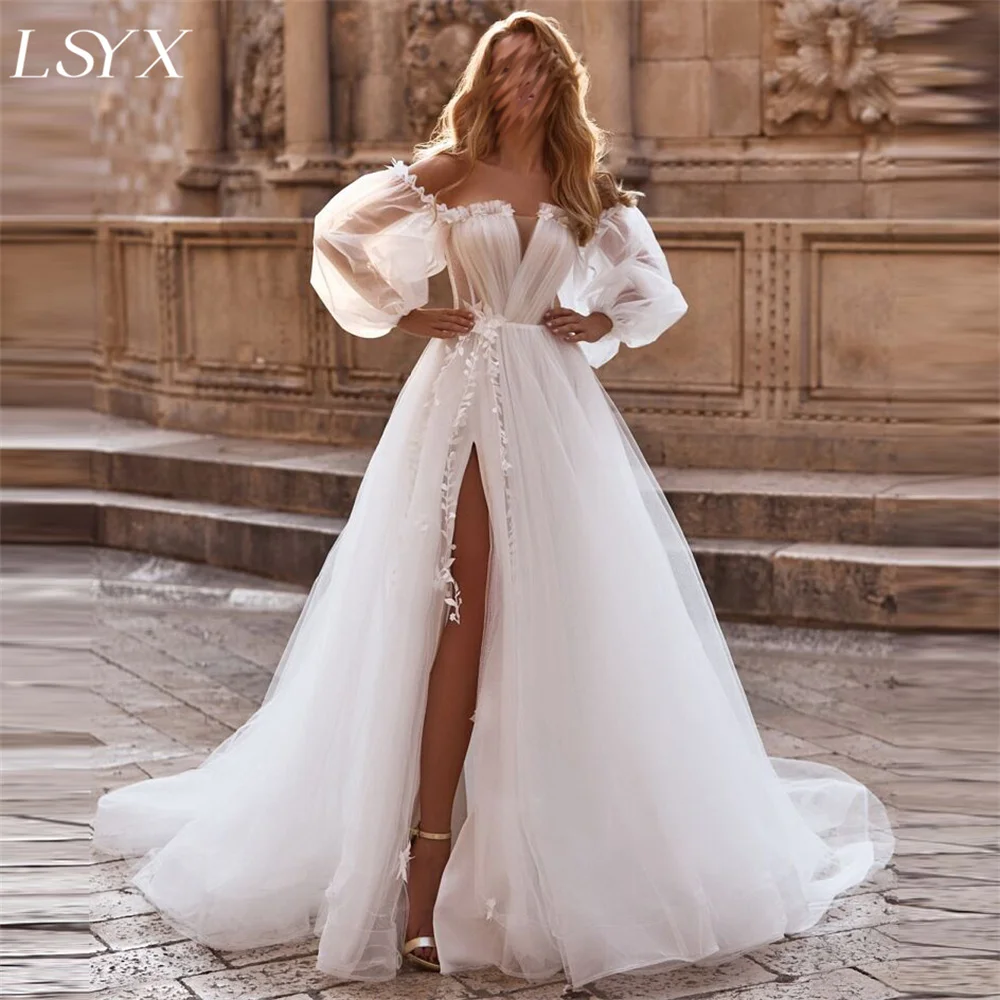 

LSYX Detachable Sleeve Side Silt Sweep Train Floor Length Lace up Back Forest Fairy Wedding Dress Tulle High Quality Solid Color