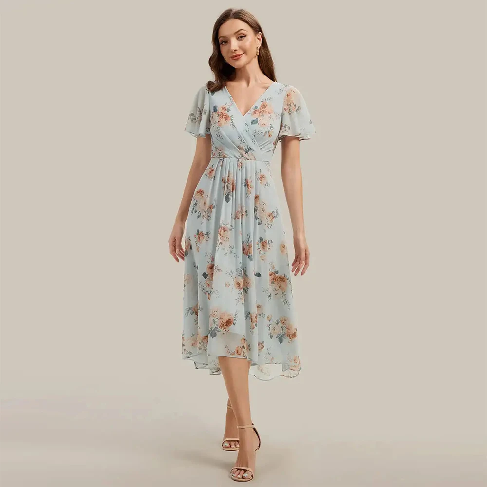 BAZIIINGAAA Party Dress Short Sleeve Ruffle V-Neck Polka Dot A-Line High-Low Wedding Guest Dresses Evening Dresses