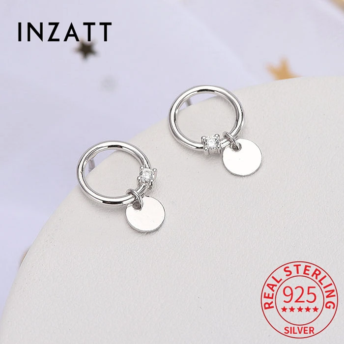 

INZATT Real 925 Sterling Silver Zircon Round Geometric Stud Earrings For Women Party Classic Fine Jewelry Minimalist Accessories