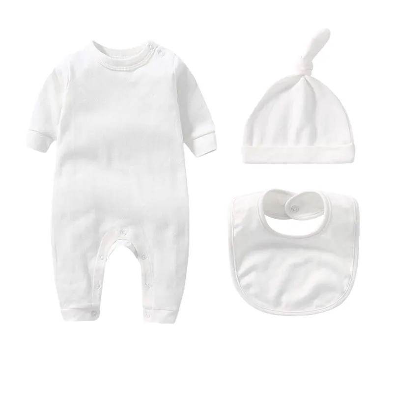 Комплекты из 3 предметов для новорожденных, одежда для мальчиков и девочек 0-3 месяцев, боди из 100% хлопка, шапка, нагрудник, однотонные комбинезоны с длинными рукавами, одежда для младенцев