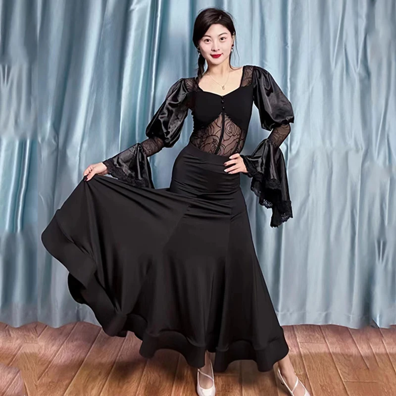 2024 Ballroom Dance Dress Women Puff Sleeves Black White Lace Tops Skirt Prom Waltz Dance Clothes Performance Costume BL12274