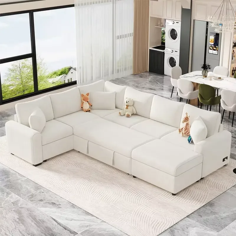 Modern White Compressed Sofa Set L Shaped Modular Sectional Corner Fabric Velvet Cloud Convertible Big 3 Seater Sofa Bed