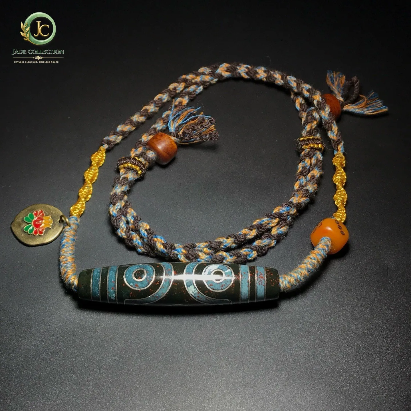 Unique Tibetan Old Agate Dzi Inlaid silver wire 3 Eyes Bead Necklace 59mm J0528