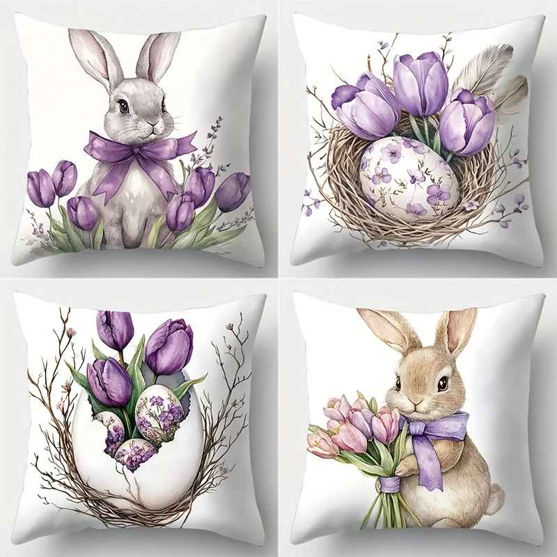 4 Piece Easter Bunny Tulip Pillow Covers Spring Nursery Decoration Throw Cushion Set Watercolor Floral Rabbit Accent Polyester H