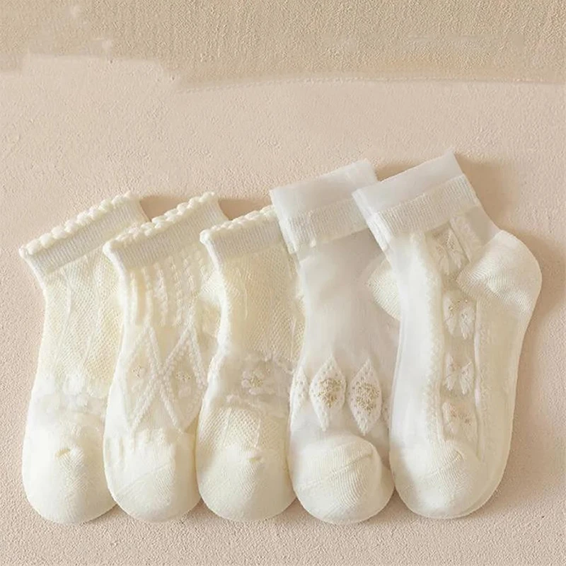 5 pairs of children's socks spring and summer thin princess lace socks girls white summer mesh ultra-light glass wire