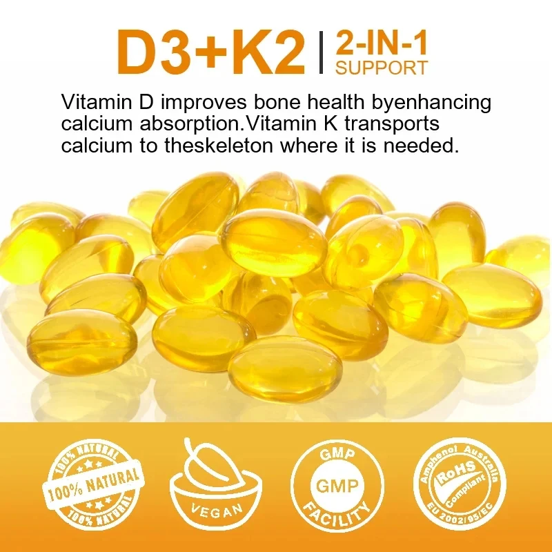 D3+K2 Vitamin D3 5000IU and 200 Mcg Vitamin K2 (MK-7) Vegan Capsules for Bone Density,teeth,skin,heart Health and Immunity.