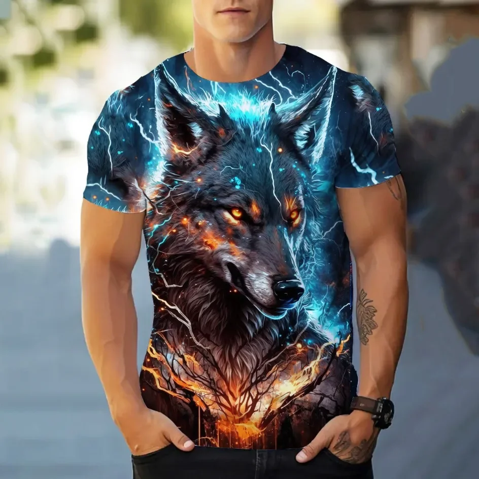 

Casual Men's T-shirt for Men Street Personality Trend 3D Digital Printing Wolf Graphic Round Neck Loose
