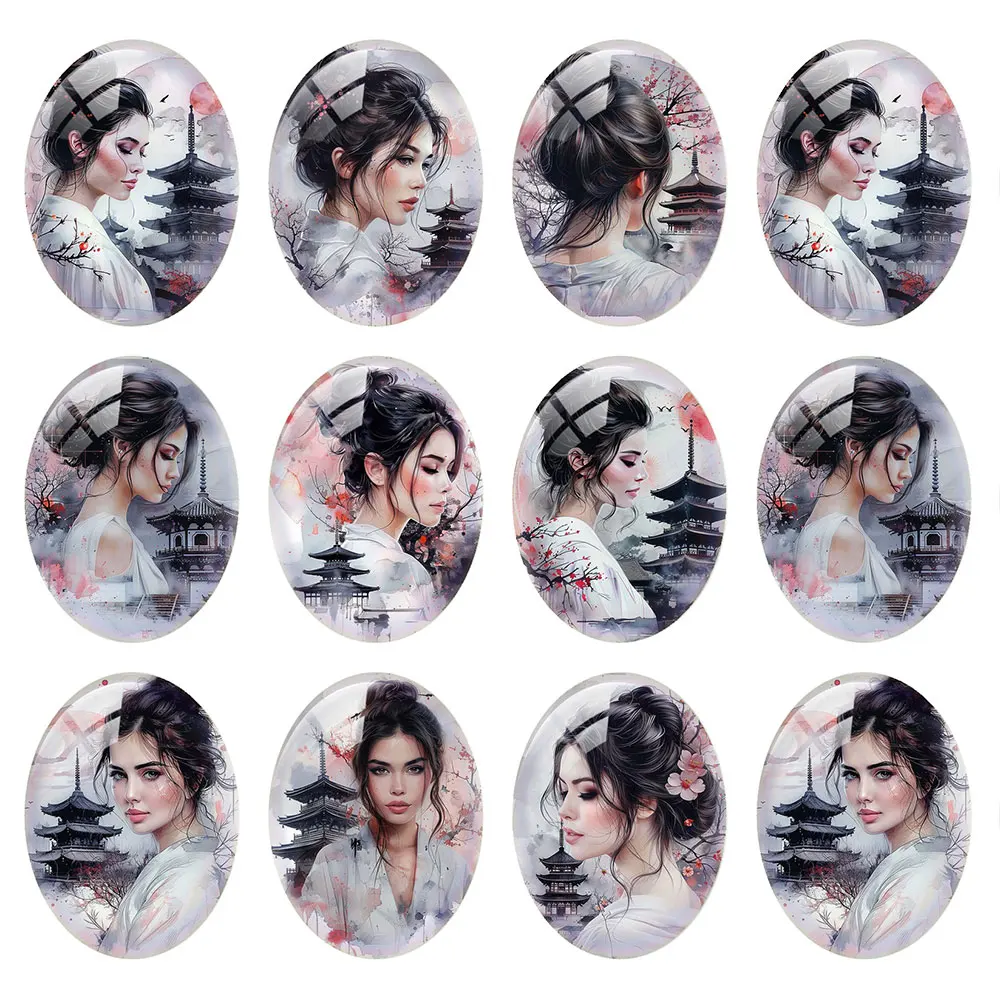 Random Mixed Round/Oval/Square Japanese Ink Wash Lady Sakura Photo Glass Cabochon Flatback Demo Cameo For Diy Jewelry Making