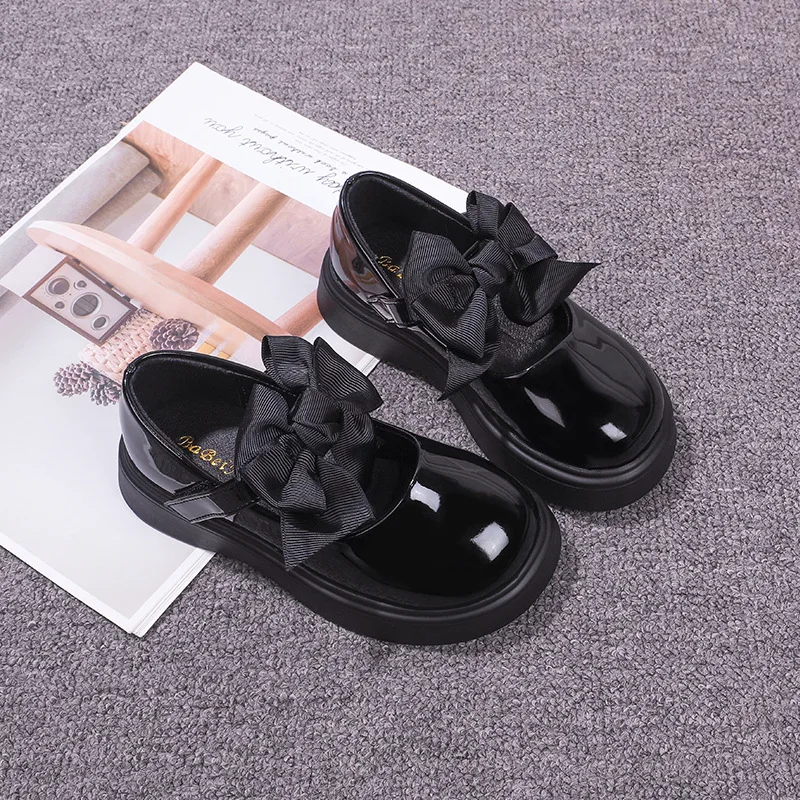 Black School Girl Shoes Fashion British Style Bowknot Thick Soled Children's Leather Shoes Autumn Versatile Kids Mary Jane Shoes